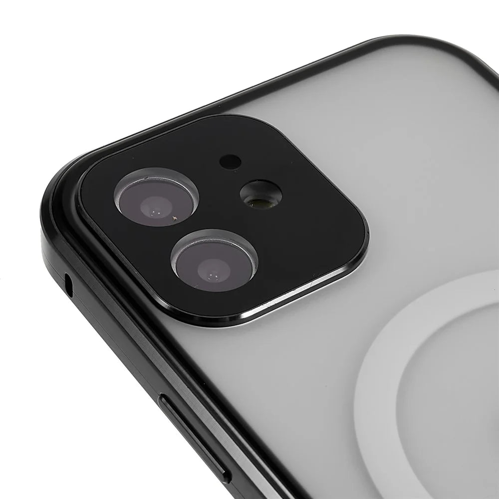 For iPhone 12 6.1 inch Clear Magnetic Phone Case Compatible with Magsafe, Double Sided Tempered Glass Magnetic Adsorption Metal Frame Back Frosted PC Cover with Safety Buckle - Black - 7