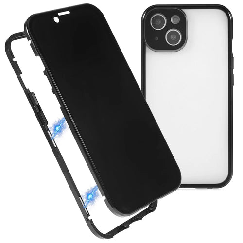 For iPhone 13 6.1 inch Straight Edge Anti-peep Magnetic Case Double-Sided Tempered Glass Back Frosted Magnetic Adsorption Metal Frame Phone Cover with Safety Lock - Black - 1