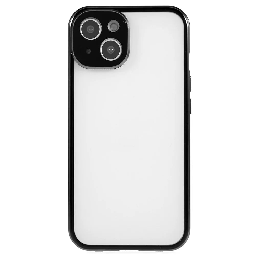 For iPhone 13 6.1 inch Straight Edge Anti-peep Magnetic Case Double-Sided Tempered Glass Back Frosted Magnetic Adsorption Metal Frame Phone Cover with Safety Lock - Black - 2