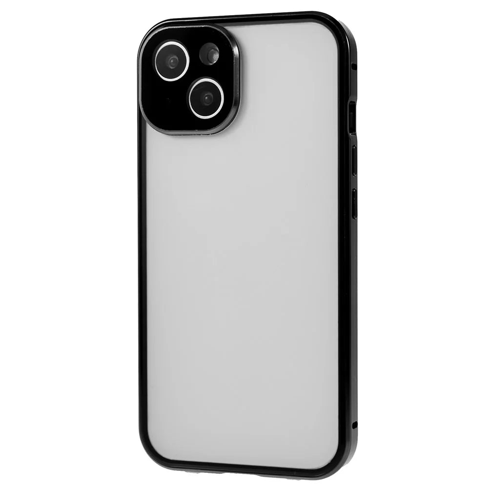 For iPhone 13 6.1 inch Straight Edge Anti-peep Magnetic Case Double-Sided Tempered Glass Back Frosted Magnetic Adsorption Metal Frame Phone Cover with Safety Lock - Black - 3