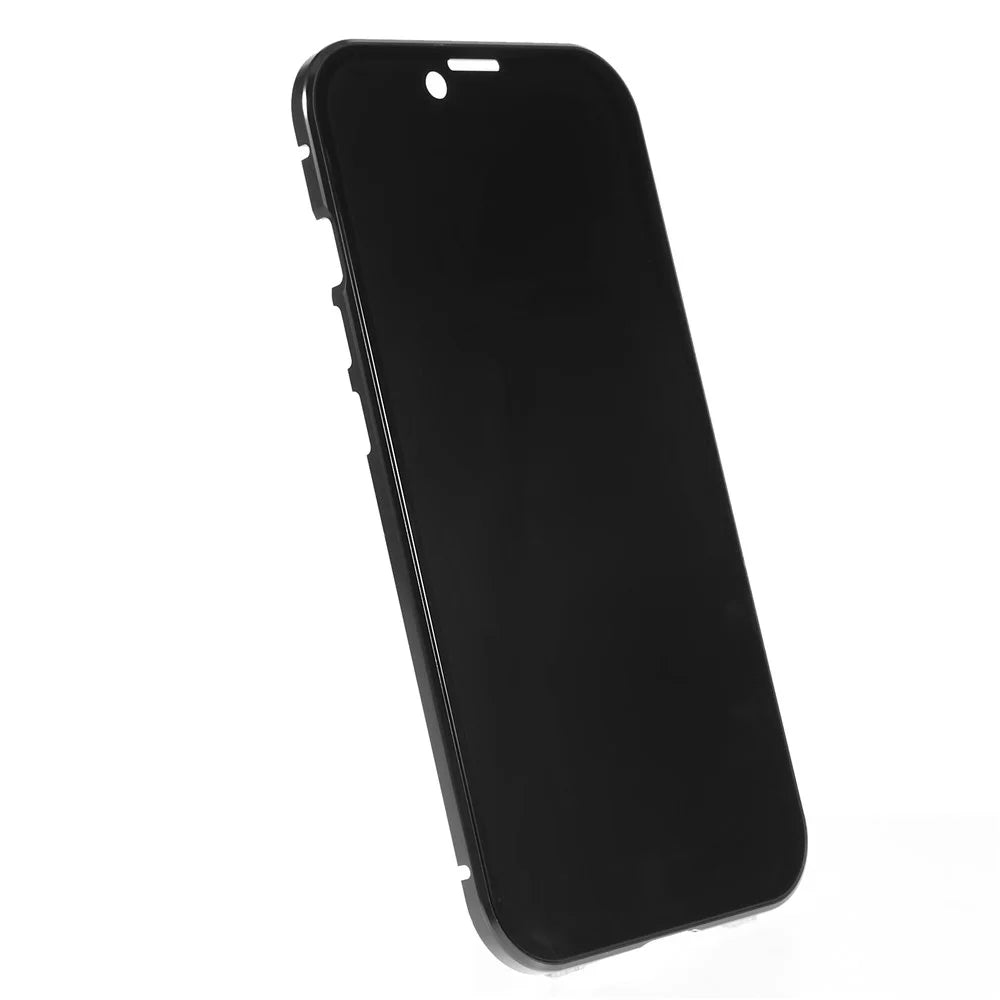 For iPhone 13 6.1 inch Straight Edge Anti-peep Magnetic Case Double-Sided Tempered Glass Back Frosted Magnetic Adsorption Metal Frame Phone Cover with Safety Lock - Black - 5