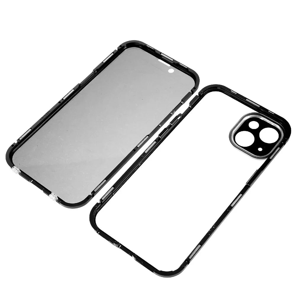 For iPhone 13 6.1 inch Straight Edge Anti-peep Magnetic Case Double-Sided Tempered Glass Back Frosted Magnetic Adsorption Metal Frame Phone Cover with Safety Lock - Black - 6