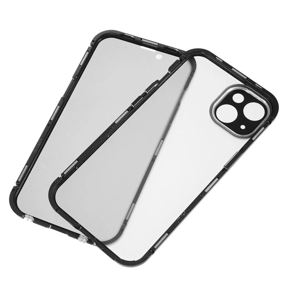 For iPhone 13 6.1 inch Straight Edge Anti-peep Magnetic Case Double-Sided Tempered Glass Back Frosted Magnetic Adsorption Metal Frame Phone Cover with Safety Lock - Black - 7