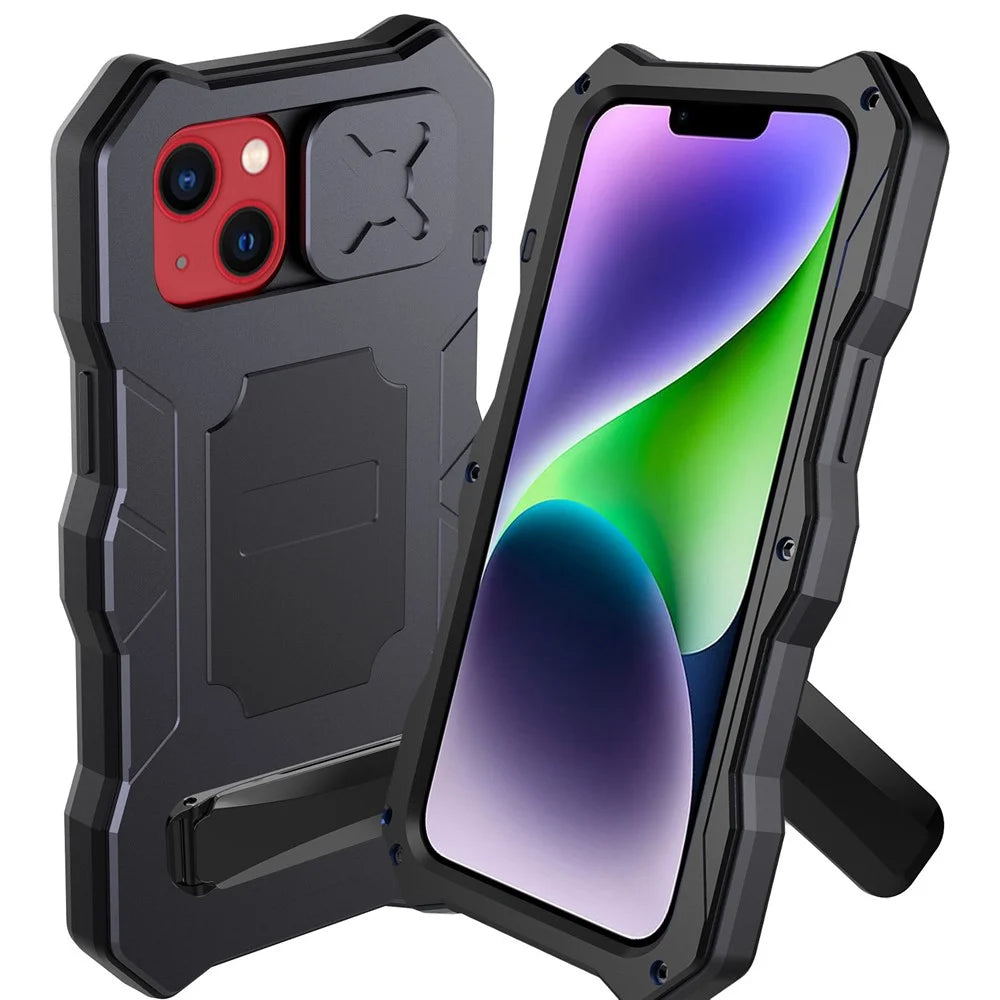 For iPhone 14 Anti-drop Phone Case Metal + Silicone Phone Shell Kickstand Lens Protection Sliding Cover with Tempered Glass Film - Black - 1