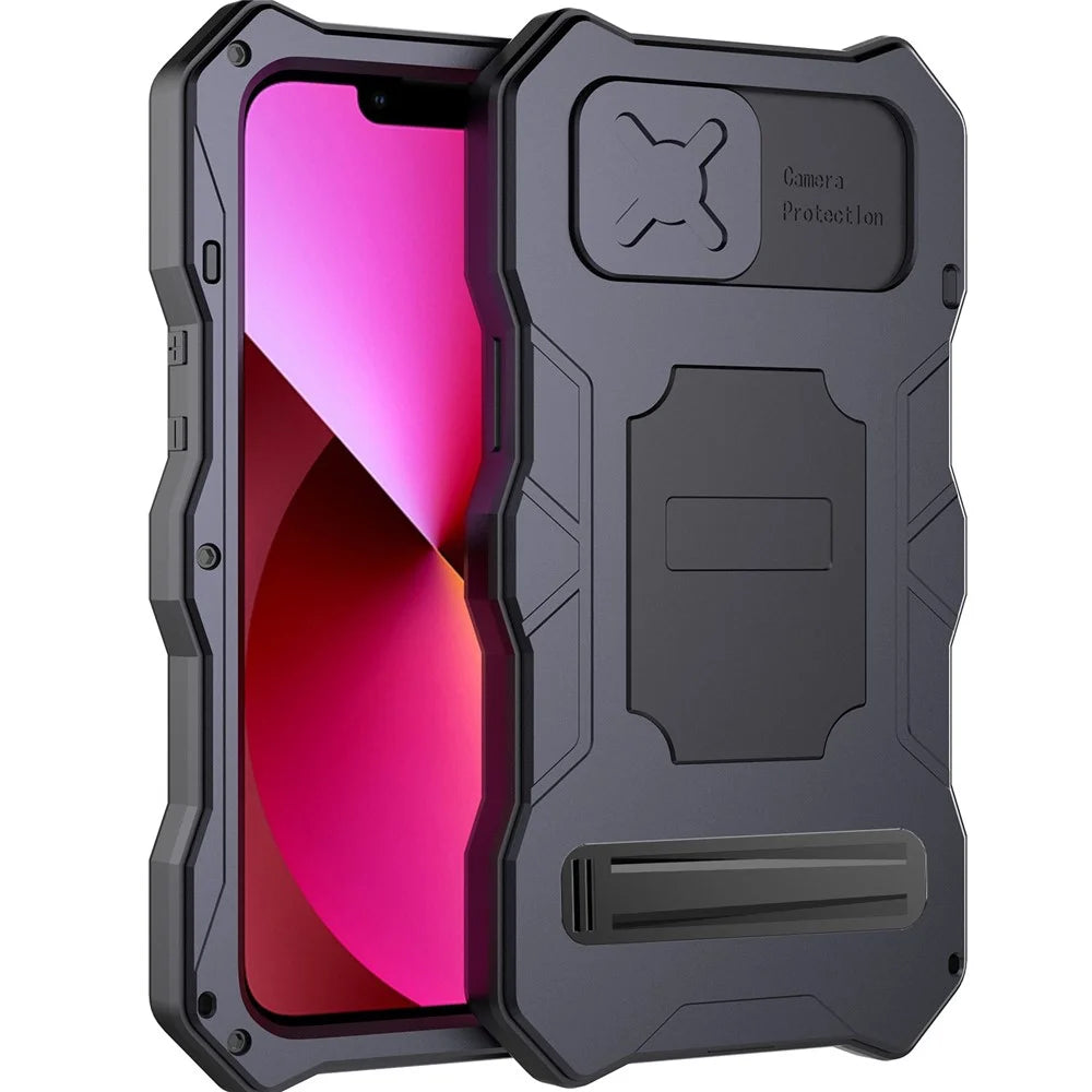 For iPhone 14 Anti-drop Phone Case Metal + Silicone Phone Shell Kickstand Lens Protection Sliding Cover with Tempered Glass Film - Black - 2