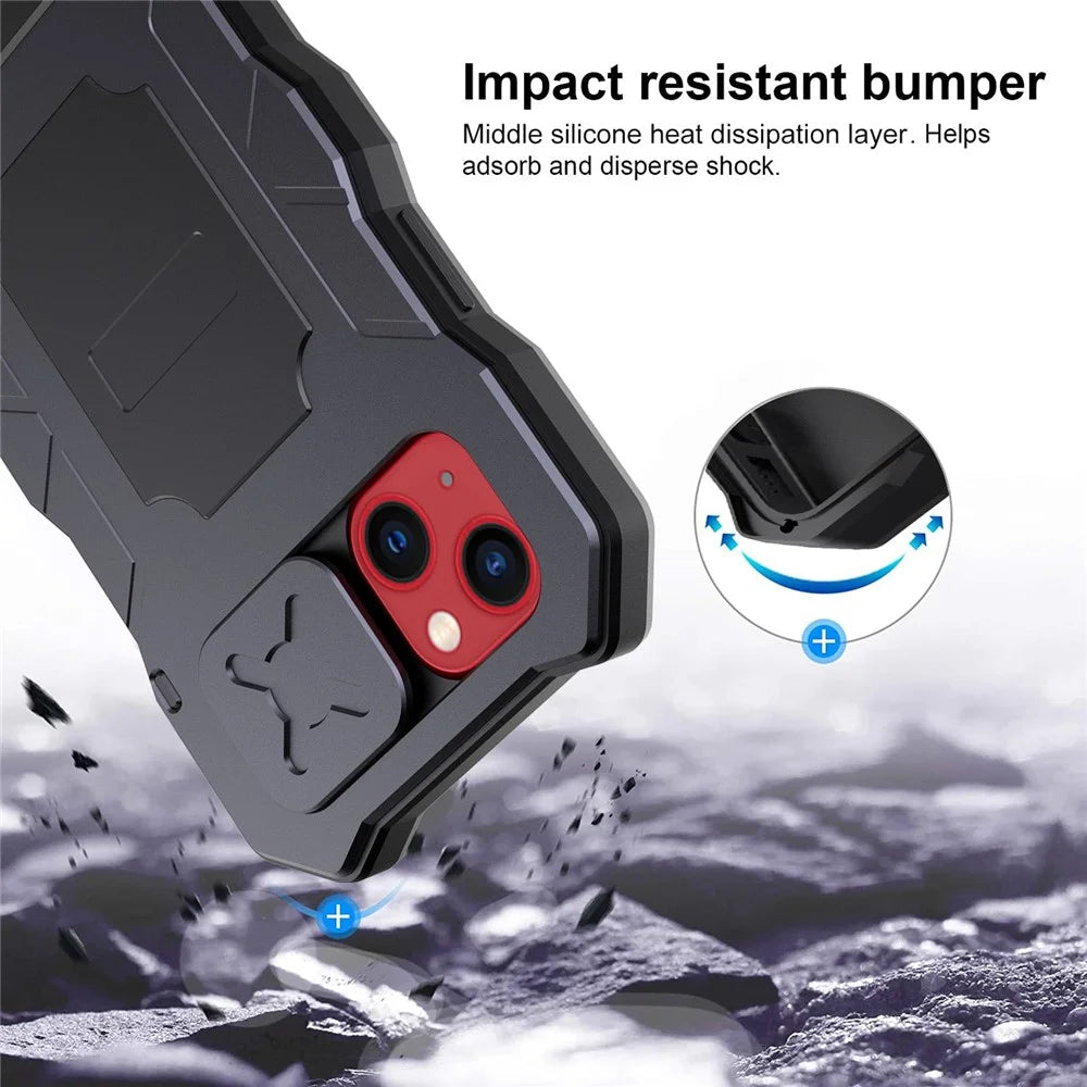 For iPhone 14 Anti-drop Phone Case Metal + Silicone Phone Shell Kickstand Lens Protection Sliding Cover with Tempered Glass Film - Black - 3