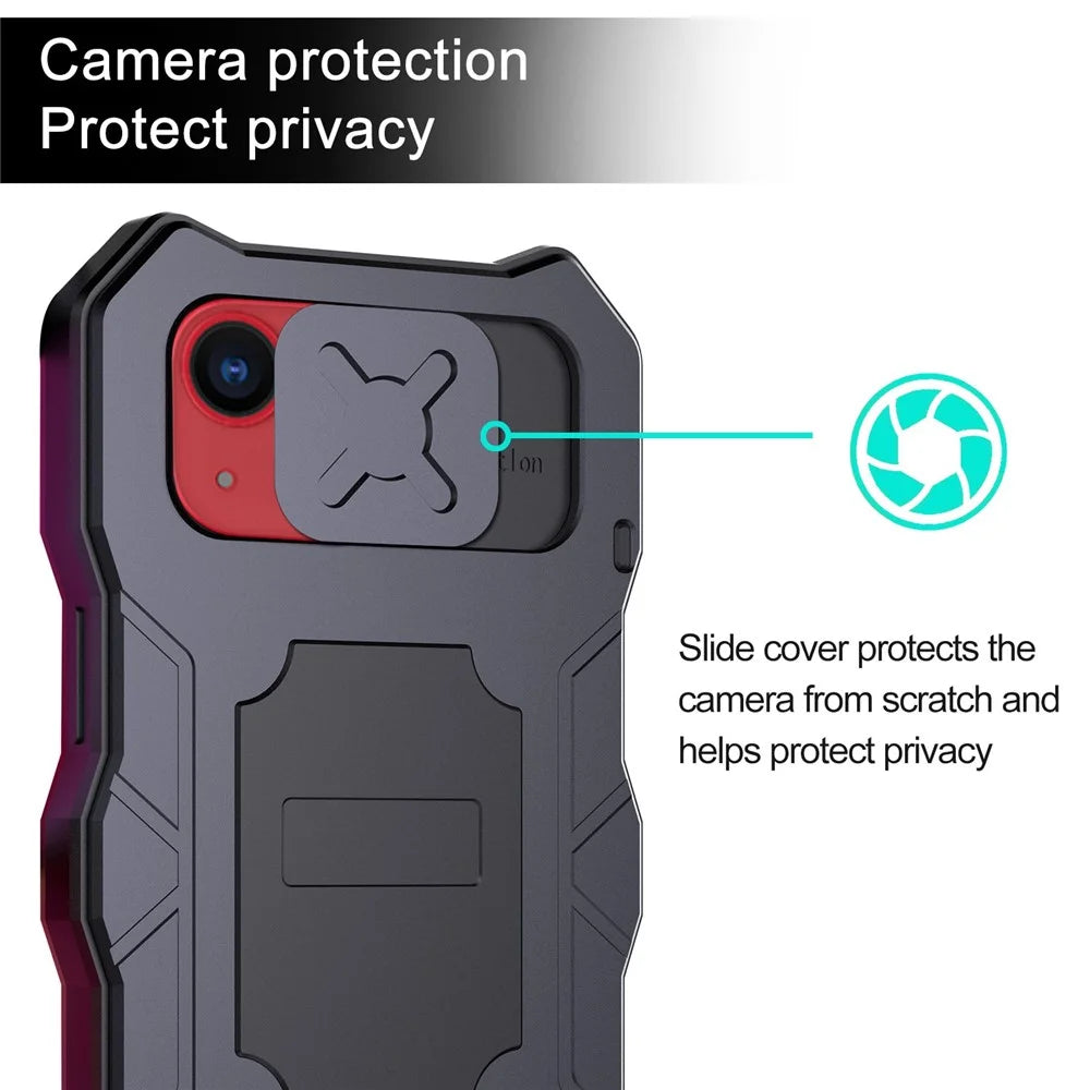 For iPhone 14 Anti-drop Phone Case Metal + Silicone Phone Shell Kickstand Lens Protection Sliding Cover with Tempered Glass Film - Black - 5