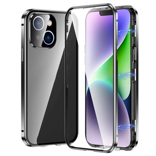 For iPhone 13 6.1 inch Magnetic Double Sides Tempered Glass Phone Case Straight Edge Metal Frame Full Protection Cover with Safety Buckle - Black - 1