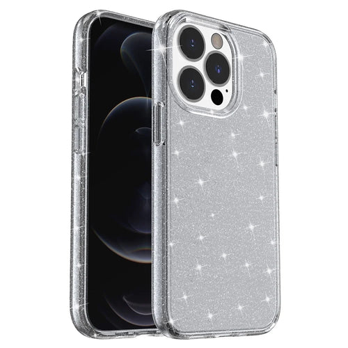 For iPhone 15 Pro Sparkly Glitter Anti-Scratch Case Hard PC + Soft TPU Phone Cover - Grey - 1
