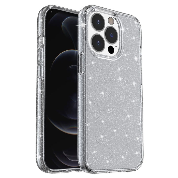 For iPhone 15 Pro Sparkly Glitter Anti-Scratch Case Hard PC + Soft TPU Phone Cover - Grey - 1
