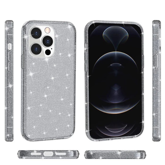 For iPhone 15 Pro Sparkly Glitter Anti-Scratch Case Hard PC + Soft TPU Phone Cover - Grey - 7