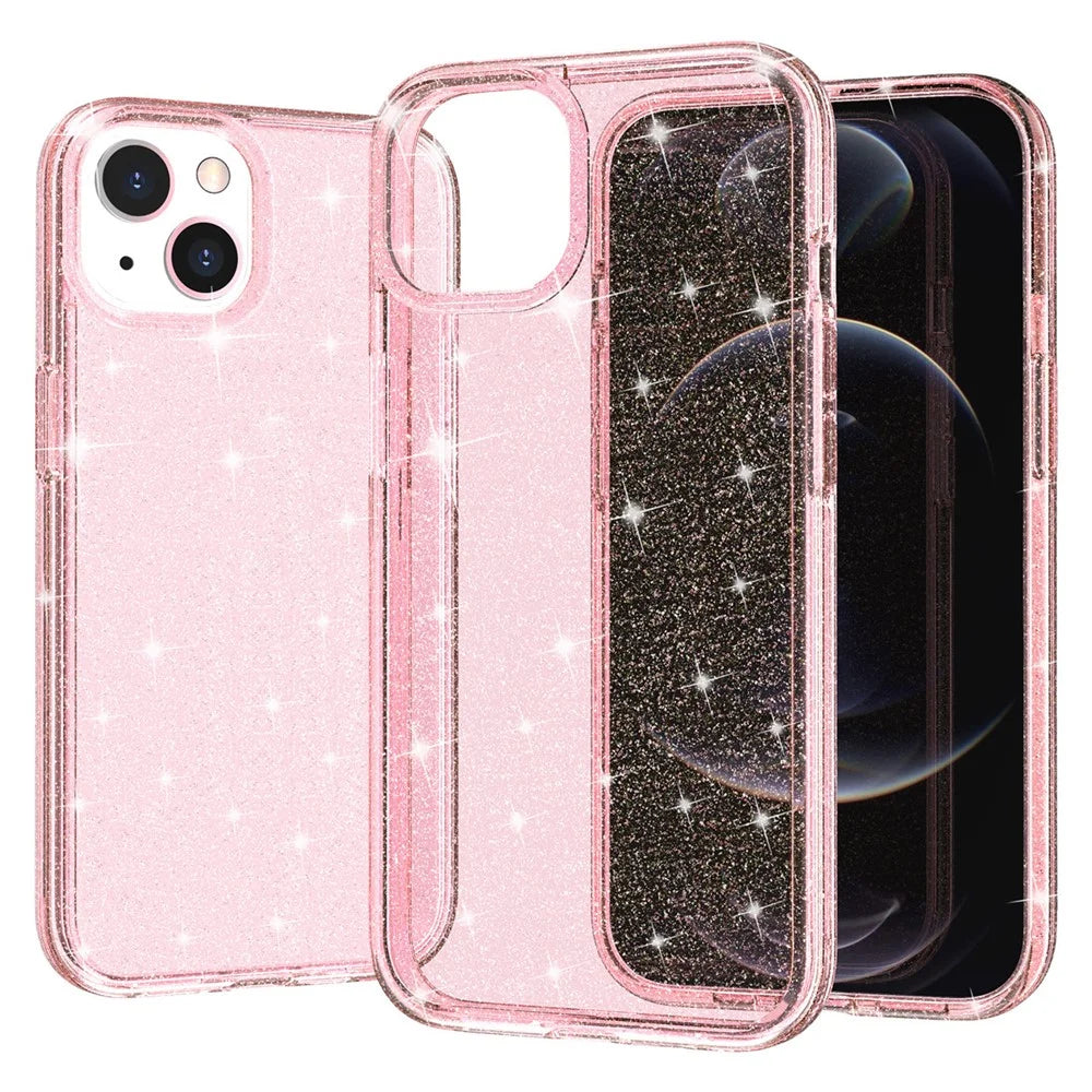 For iPhone 15 Bump Proof Protective Case Sparkly Glitter Hard PC + Soft TPU Phone Cover - Pink - 4