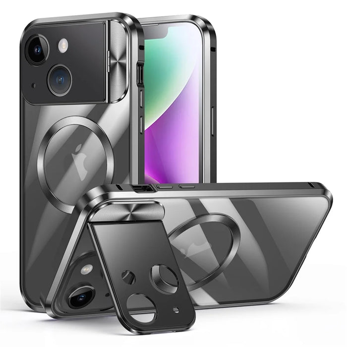 Phone Case Compatible with MagSafe for iPhone 14 , Tempered Glass+Aluminum Alloy+PC Cover with Kickstand - Black - 1