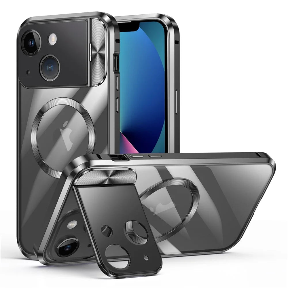 Kickstand Case Compatible with MagSafe for iPhone 13 , Tempered Glass+Aluminum Alloy+PC Cover Magnetic Phone Cover - Black - 1