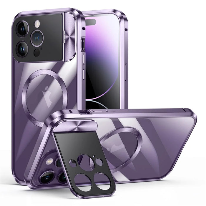For iPhone 14 Pro Max Kickstand Case Tempered Glass+Aluminum Alloy+PC Phone Cover Compatible with MagSafe - Purple - 1