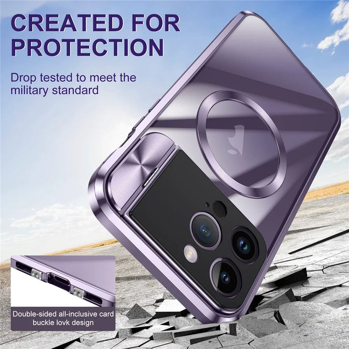 For iPhone 14 Pro Max Kickstand Case Tempered Glass+Aluminum Alloy+PC Phone Cover Compatible with MagSafe - Purple - 5