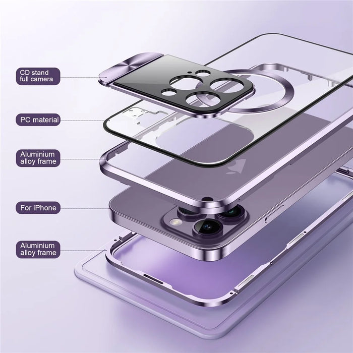 For iPhone 14 Pro Max Kickstand Case Tempered Glass+Aluminum Alloy+PC Phone Cover Compatible with MagSafe - Purple - 6