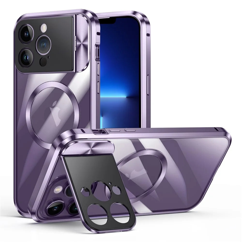Compatible with MagSafe Phone Cover for iPhone 13 Pro Max 6.7 inch Tempered Glass+Aluminum Alloy+PC Kickstand Case - Purple - 1