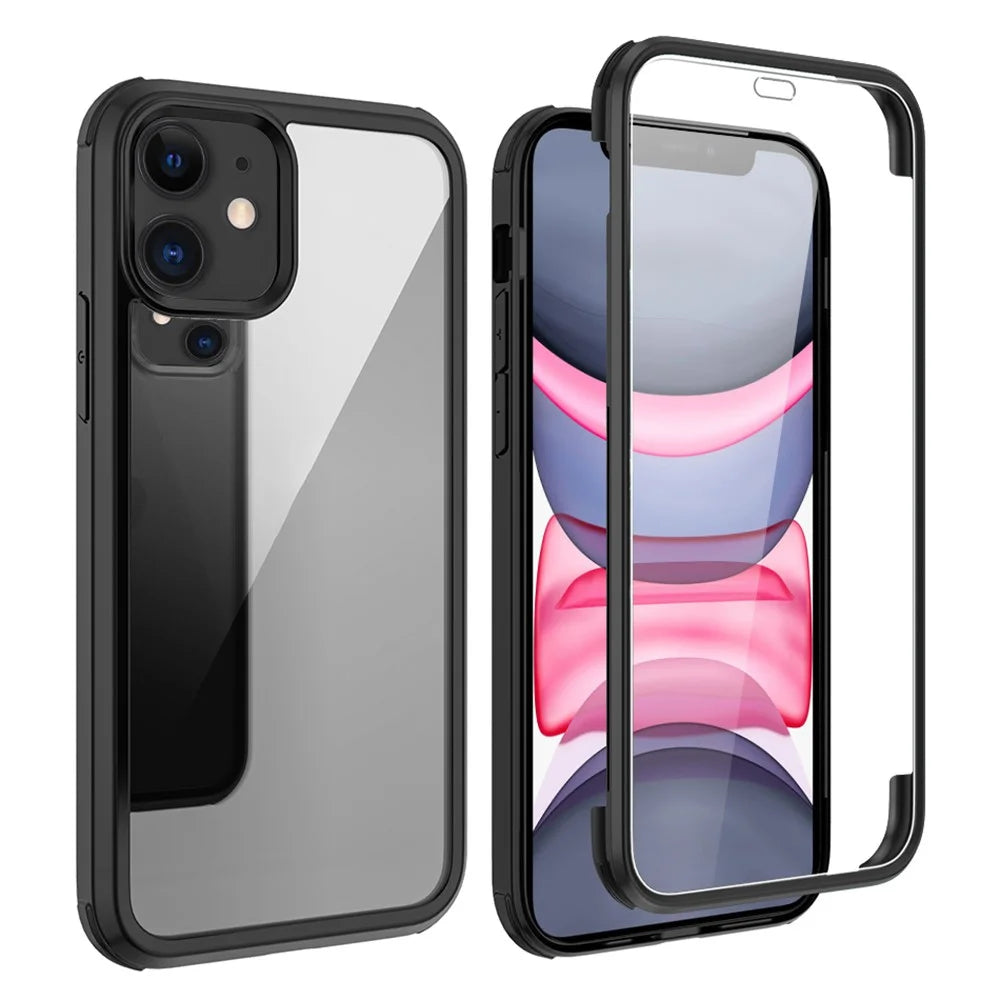 For iPhone 11 Clear Phone Case Double Side Tempered Glass + Silicone Frame Protective Cover - Black - 1