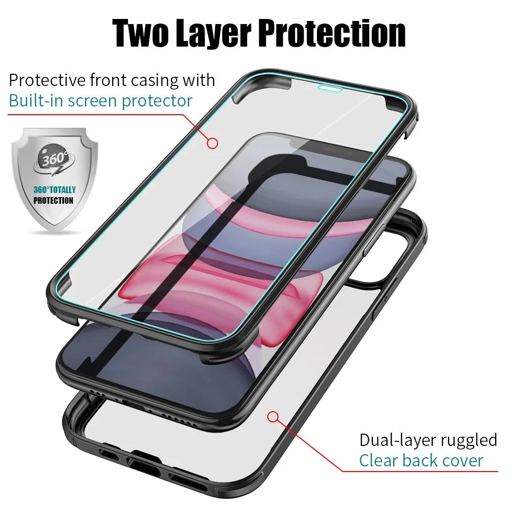 For iPhone 11 Clear Phone Case Double Side Tempered Glass + Silicone Frame Protective Cover - Black - 2