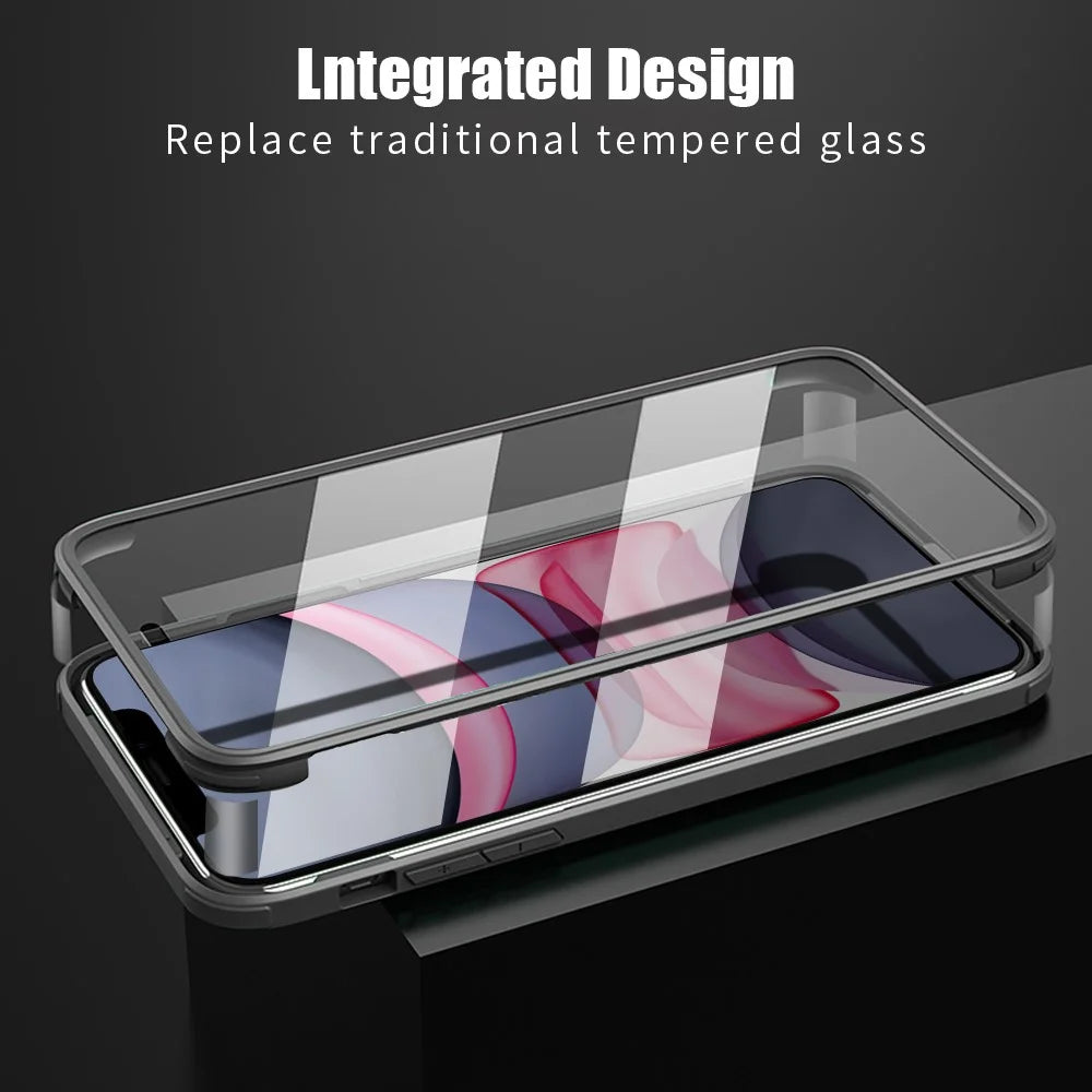 For iPhone 11 Clear Phone Case Double Side Tempered Glass + Silicone Frame Protective Cover - Black - 4