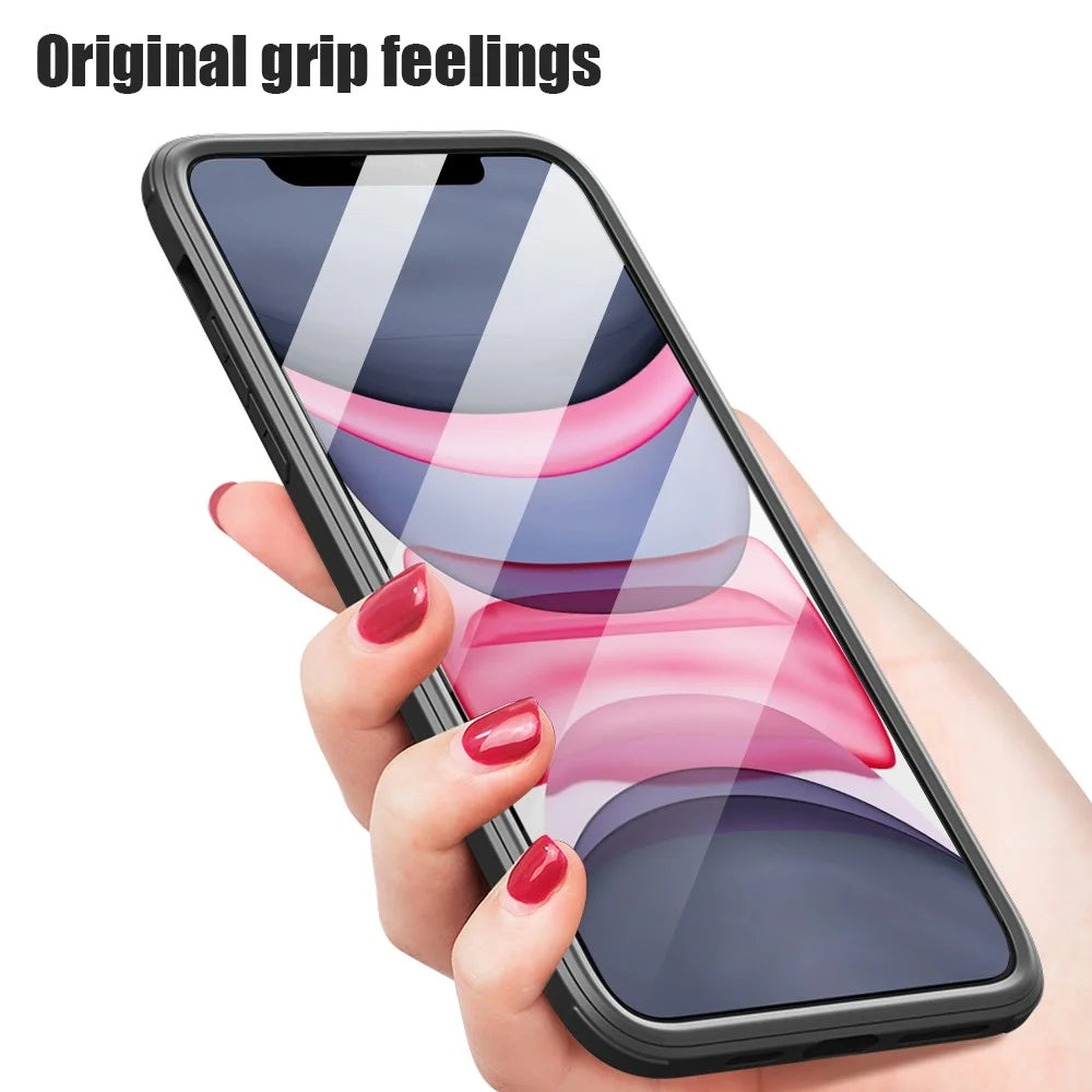 For iPhone 11 Clear Phone Case Double Side Tempered Glass + Silicone Frame Protective Cover - Black - 6