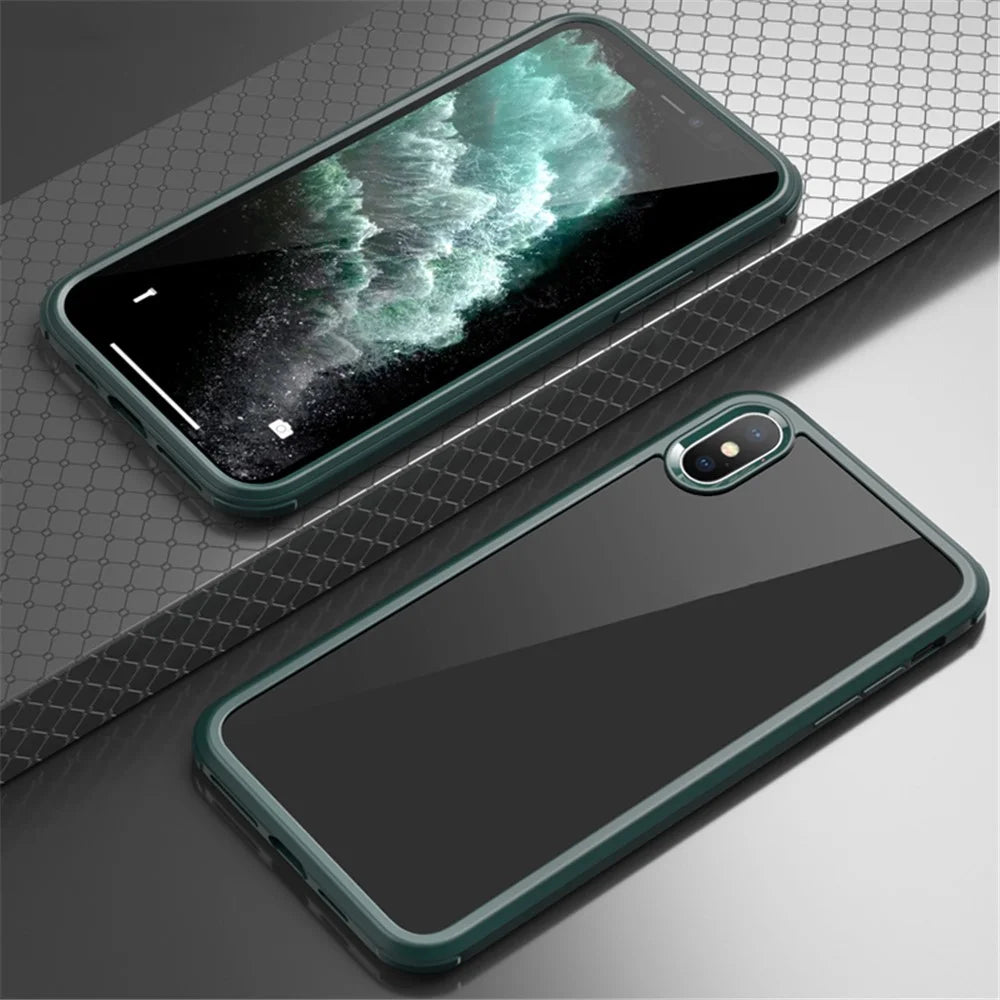 For iPhone XS Max 360-Degree Double-Sided Protection Case Tempered Glass + Silicone Frame Phone Cover - Midnight Green - 1