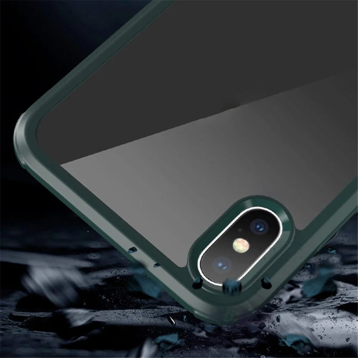 For iPhone XS Max 360-Degree Double-Sided Protection Case Tempered Glass + Silicone Frame Phone Cover - Midnight Green - 3