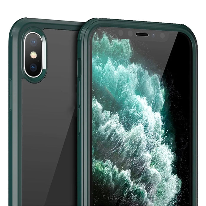 For iPhone XS Max 360-Degree Double-Sided Protection Case Tempered Glass + Silicone Frame Phone Cover - Midnight Green - 6