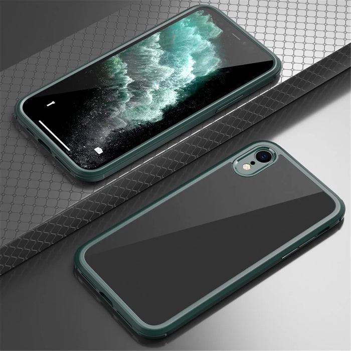 For iPhone XR Full Body Protection Clear Case Double Side Tempered Glass + Silicone Frame Phone Cover - Midnight Green - 1