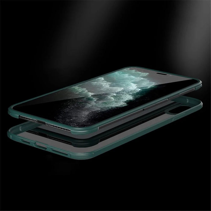 For iPhone XR Full Body Protection Clear Case Double Side Tempered Glass + Silicone Frame Phone Cover - Midnight Green - 2