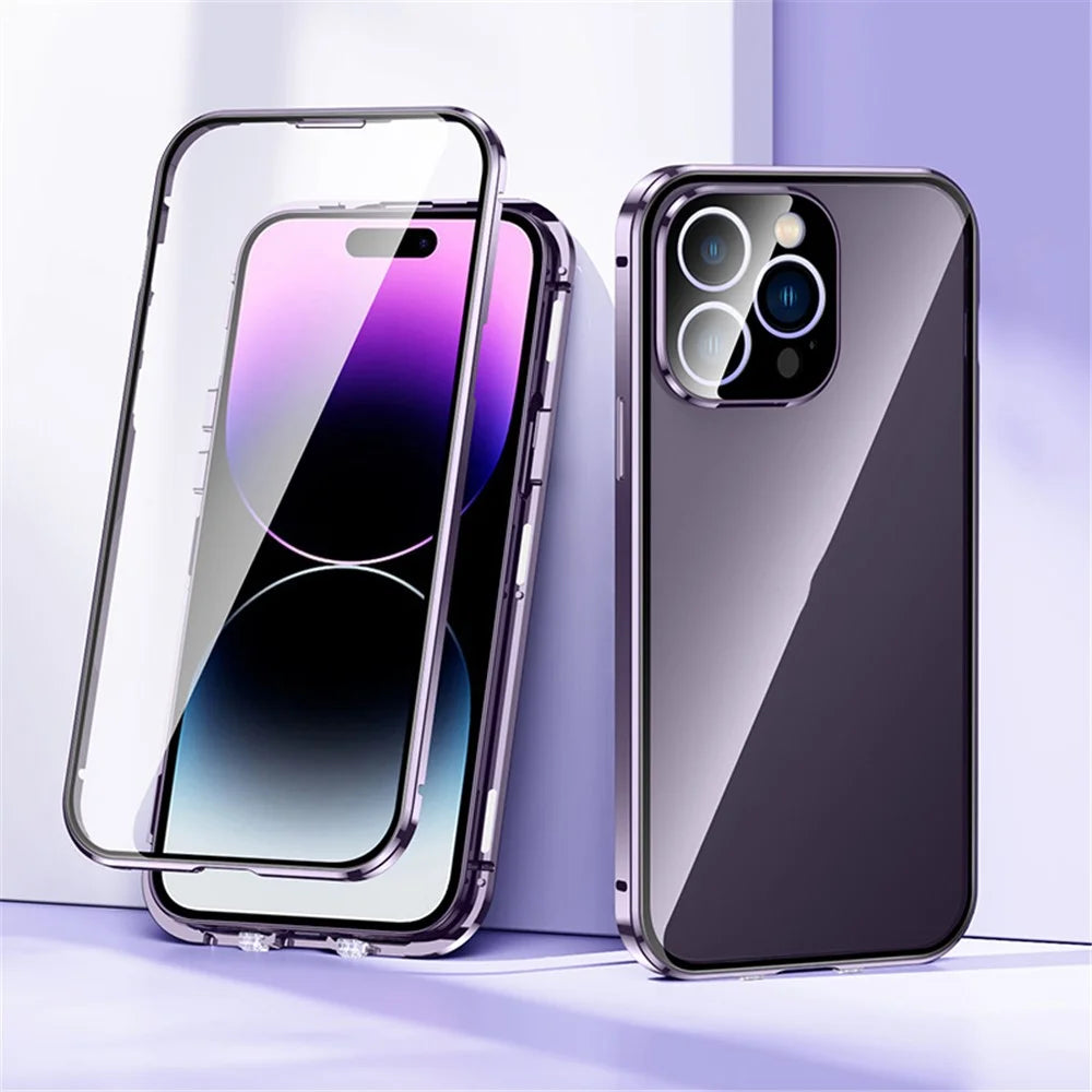 For iPhone 15 Pro Double Sides Tempered Glass Phone Case Straight Edge Metal Frame Buckle Magnetic Phone Cover - Purple - 2