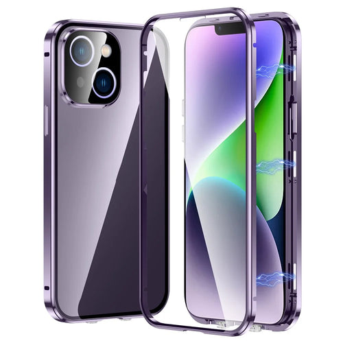 For iPhone 15 Plus Straight Edge Phone Case Double Sides Tempered Glass Metal Frame Magnetic Cover with Buckle - Purple - 1