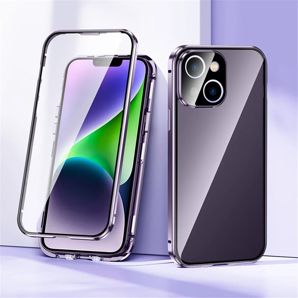 For iPhone 15 Plus Straight Edge Phone Case Double Sides Tempered Glass Metal Frame Magnetic Cover with Buckle - Purple - 2