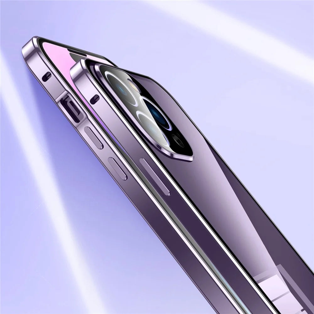 For iPhone 15 Pro Max Double Sides Tempered Glass+Metal Frame Case Straight Edge Magnetic Phone Cover with Buckle - Purple - 3