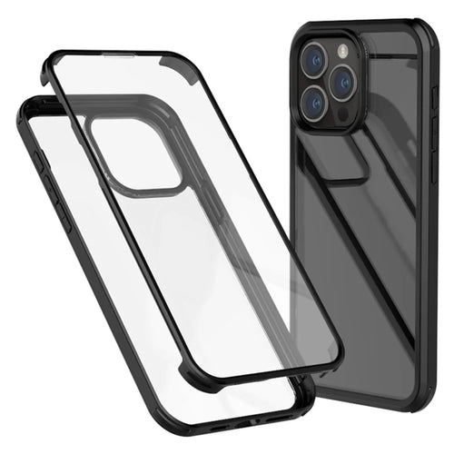 For iPhone 15 Pro Max Double-Sided Tempered Glass + Silicone Frame Phone Case Full Protection Phone Cover - Black - 1