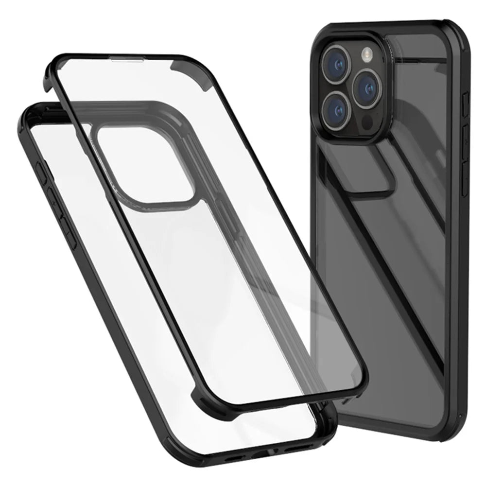 For iPhone 15 Pro Max Double-Sided Tempered Glass + Silicone Frame Phone Case Full Protection Phone Cover - Black - 1