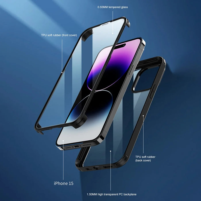 For iPhone 15 Pro Max Double-Sided Tempered Glass + Silicone Frame Phone Case Full Protection Phone Cover - Black - 3
