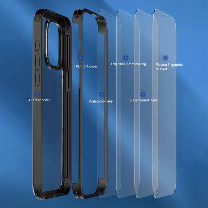 For iPhone 15 Pro Max Double-Sided Tempered Glass + Silicone Frame Phone Case Full Protection Phone Cover - Black - 4