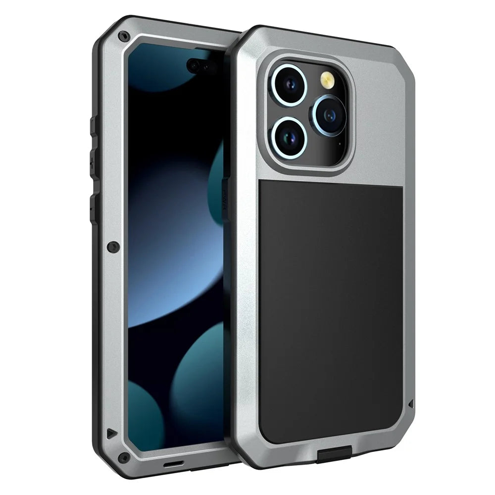 For iPhone 15 Pro Max Anti-drop Phone Case Silicone+PC+Metal Cover with Tempered Glass Film - Silver - 1