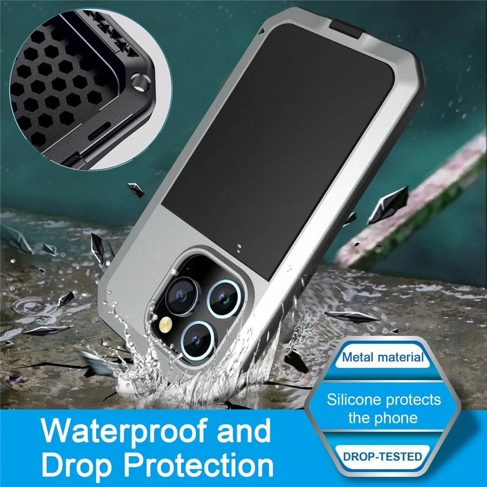 For iPhone 15 Pro Max Anti-drop Phone Case Silicone+PC+Metal Cover with Tempered Glass Film - Silver - 2