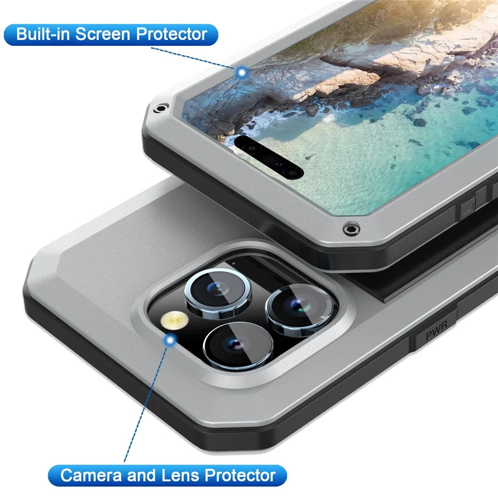 For iPhone 15 Pro Max Anti-drop Phone Case Silicone+PC+Metal Cover with Tempered Glass Film - Silver - 3