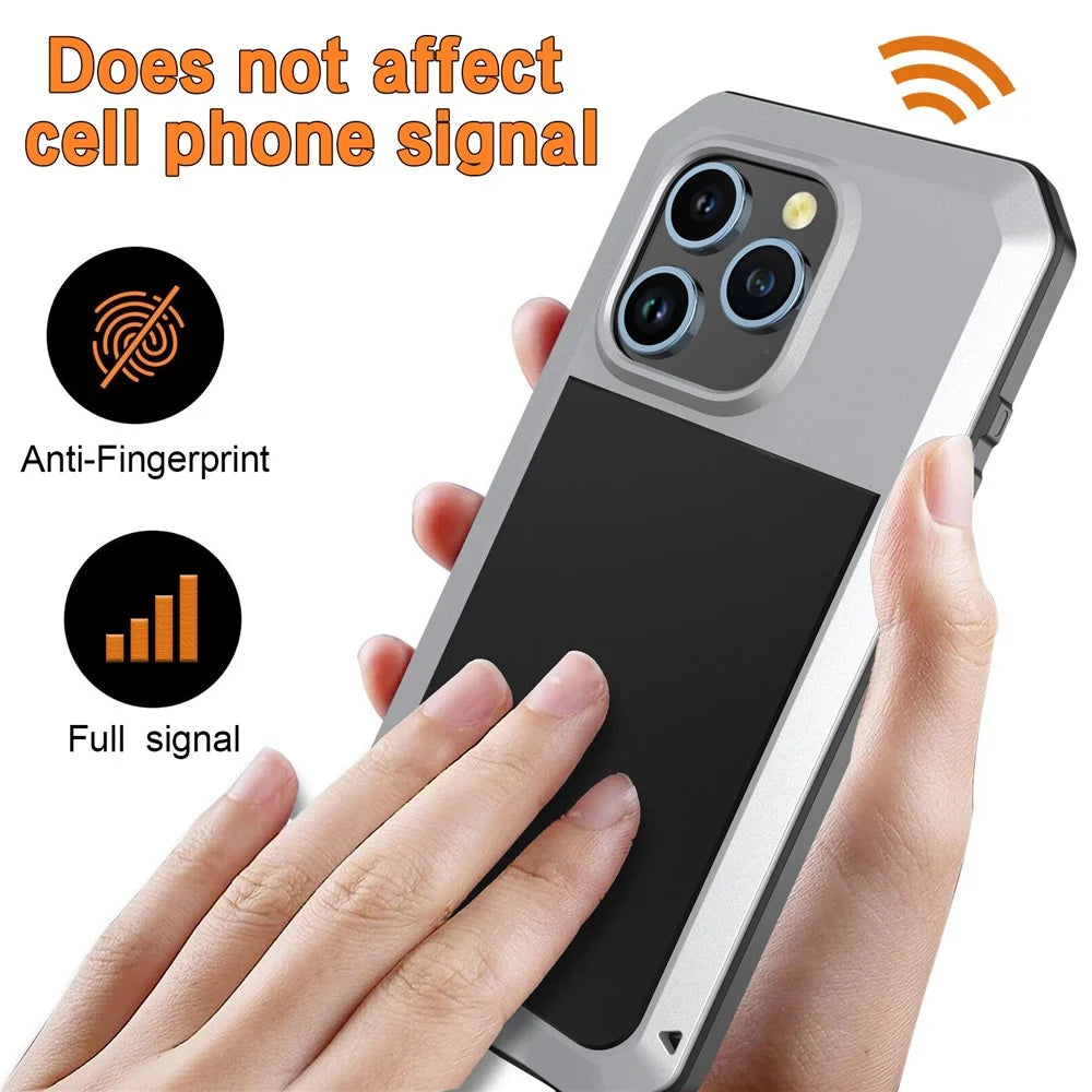 For iPhone 15 Pro Max Anti-drop Phone Case Silicone+PC+Metal Cover with Tempered Glass Film - Silver - 5