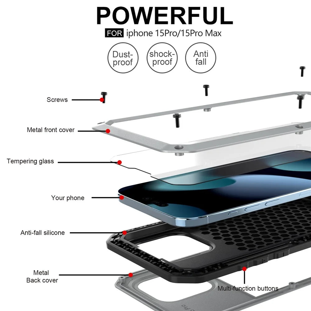 For iPhone 15 Pro Max Anti-drop Phone Case Silicone+PC+Metal Cover with Tempered Glass Film - Silver - 6
