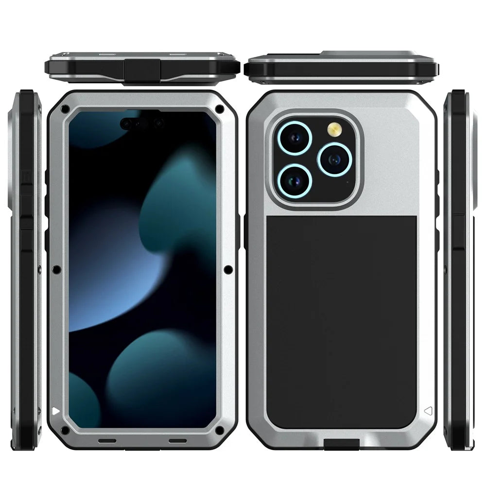For iPhone 15 Pro Max Anti-drop Phone Case Silicone+PC+Metal Cover with Tempered Glass Film - Silver - 7