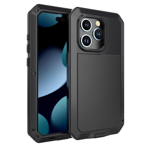 For iPhone 15 Pro Silicone+PC+Metal Phone Case Full Protection Cover with Tempered Glass Film - Black - 1