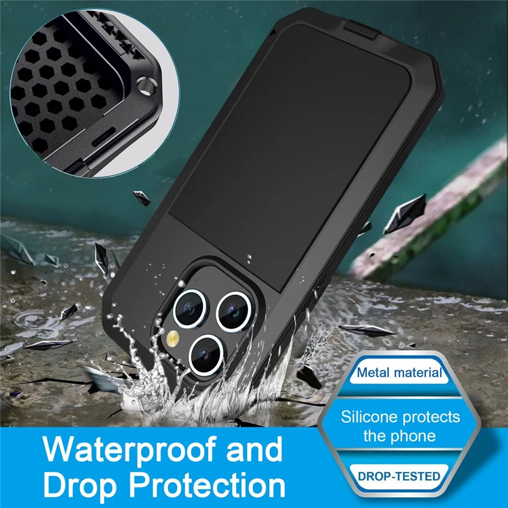 For iPhone 15 Pro Silicone+PC+Metal Phone Case Full Protection Cover with Tempered Glass Film - Black - 2