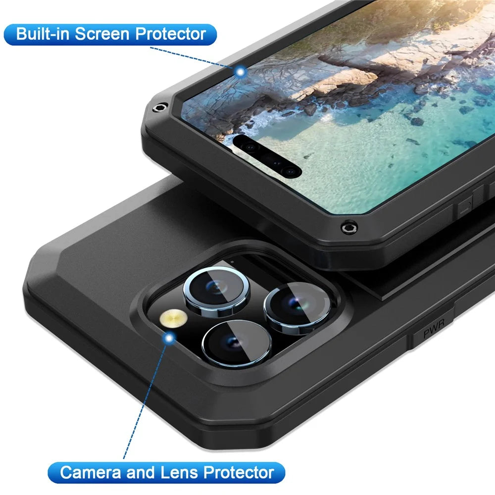 For iPhone 15 Pro Silicone+PC+Metal Phone Case Full Protection Cover with Tempered Glass Film - Black - 3
