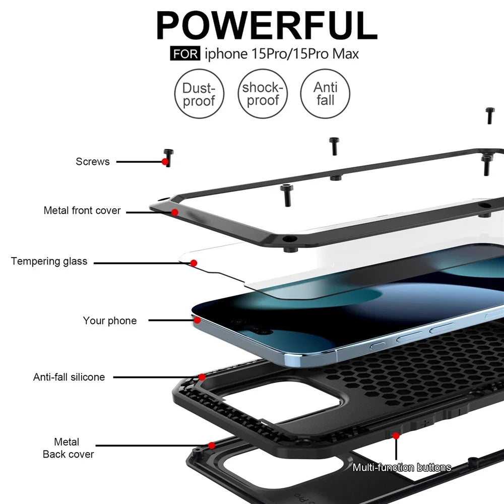 For iPhone 15 Pro Silicone+PC+Metal Phone Case Full Protection Cover with Tempered Glass Film - Black - 6