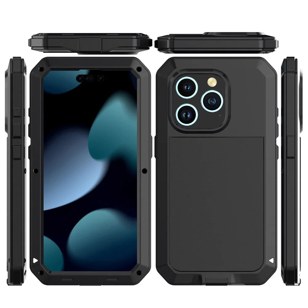 For iPhone 15 Pro Silicone+PC+Metal Phone Case Full Protection Cover with Tempered Glass Film - Black - 7